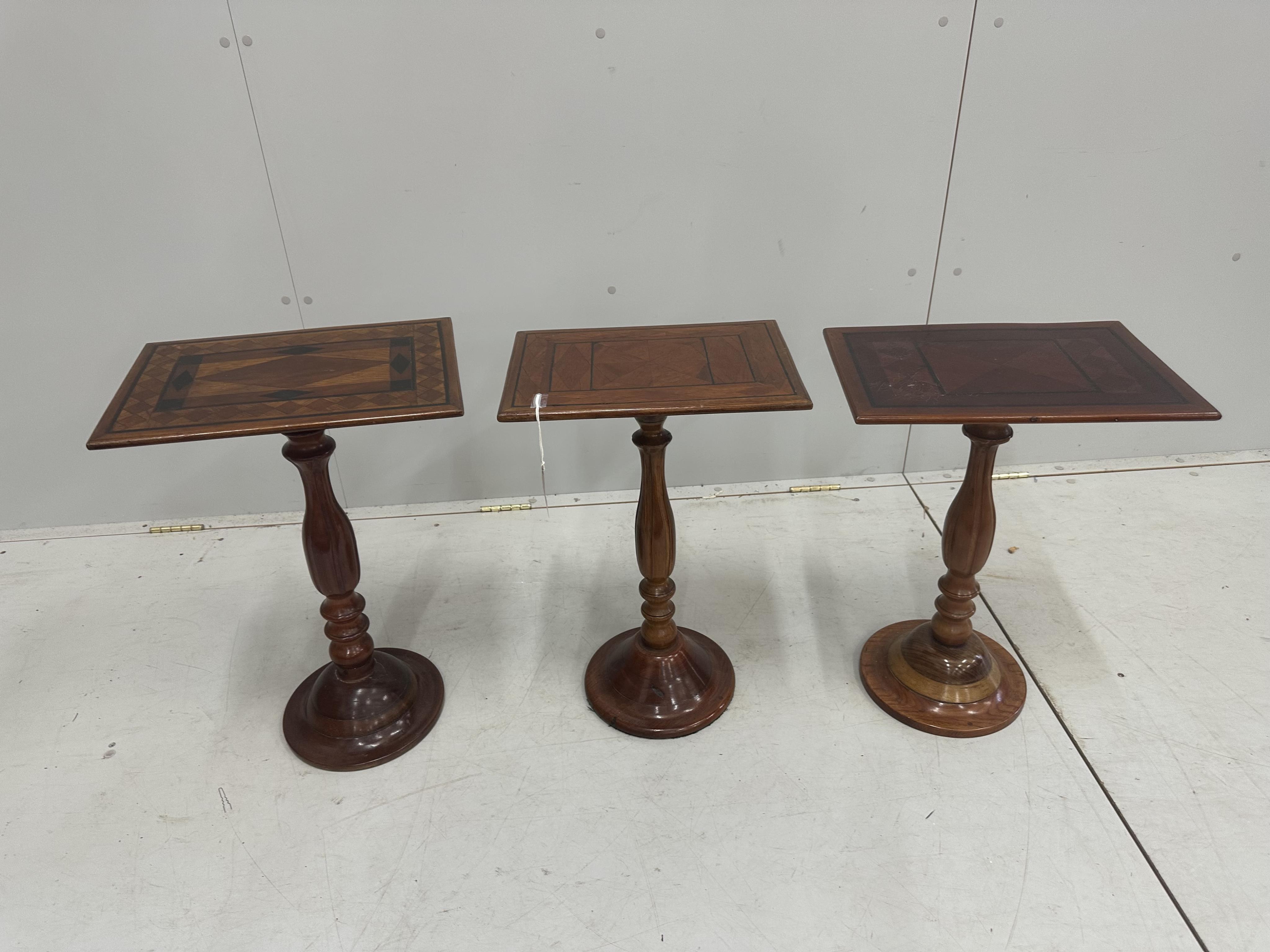 Three Victorian style rectangular parquetry wine tables, largest 40cm, depth 29cm, height 59cm. Condition - fair